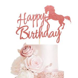 lot 10280 image: Arthsdite Horse Happy Birthday Cake Topper, Horse Racing Theme Party Decoration for Boys, Girls, Men, Women & Kids - Rose Gold Glitter