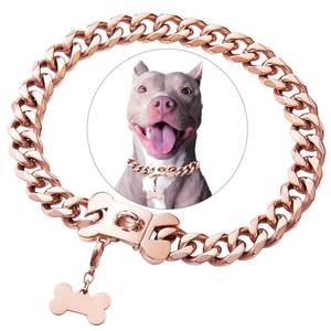 lot 10286 image: Rose Gold Stainless Steel Cuban Link Heavy Duty Dog Collar for Medium Large Dogs, American Bully French Bulldog Luxury Dog Collar