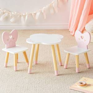 lot 11069 image: ROBUD Wooden Doll Table and 2 Chairs Set, 18 Inch Doll Dining Table with Cloud & Heart Design, Pretend Play Wooden Doll Furniture with Ballet Style, Doll Furniture for American Girls Ages 3 (Pink)