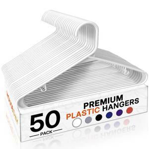 lot 11072 image: HOUSE DAY White Plastic Hangers 50 Pack, Plastic Clothes Hangers with Built-in Hooks, Durable and Strong Plastic Coat Hangers for Closet, Space Saving Clothing Hanger for Shirts, Coats, Skirt, Dress