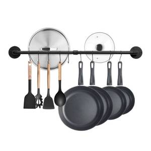 lot 1808 image: Boshangjia 32 inch Pot Rack Wall Mounted Pan Hangers for Kitchen, Industrial Pipe Utensils Hanging Rail Iron Detachable Storage Organizer Lids Holder with 8 S Hooks, Black