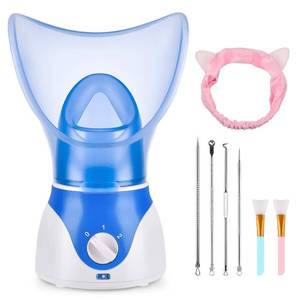 lot 11116 image: Face Steamer for Facial Deep Cleaning, Facial Steamer for Women, 2 Modes Nano Ionic Facial Steamer for Unclogs Pores, Hydrating, Blue(Include Blackhead Remover Kit, Brush, Headband) (Used)