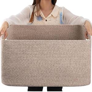 lot 11127 image: OIAHOMY 75L Large Woven Cotton Rope Storage Basket with Handle for Organizing Blanket and Toys for Living Room, Nursery, Brown Variegated 22x17x12