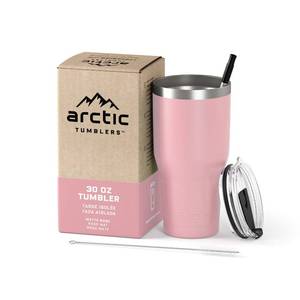 lot 11133 image: Arctic Tumblers  30 oz Rose Pink Insulated Tumbler with Straw & Cleaner - Retains Temperature up to 24hrs - Non-Spill Splash Proof Lid, Double Wall Vacuum Technology, BPA Free & Built to Last
