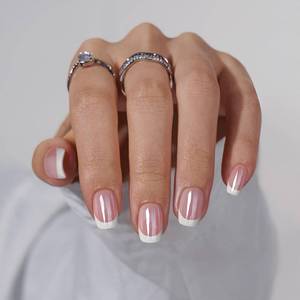 lot 12028 image: BTArtbox Press on Nails Short - White French Tip Press On Nails Square, Chrome Glazed Glue On Nails, Stick On Nails in 15 Sizes - 30 Soft Gel Fake Nail Kit, Be Elegant