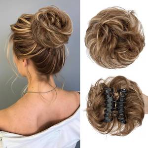 lot 12049 image: MY-LADY Claw Clip Messy Bun Hair Pieces Human Hair for Women Real Hairpiece Wavy Scrunchies Tousled Updo Donut Chignon Ponytail Extension Medium Brown & Dark Blonde