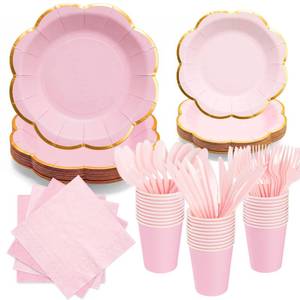 lot 12050 image: Pink Paper Plates and Napkins Party Supplies for 24 Guest, 168Pcs Pink Scalloped Mothers Day Party Plate with Gold Rim, Pink Disposable Plates Set for Girls Birthday Party Baby Shower Gender Reveal