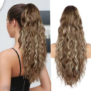 lot 12118 image: Ponytail Extension for Women, 26 inch Drawstring Ponytail Extension, Wavy Pony Tails Hair Extensions, Synthetic Hair Extensions Ponytail for Daily Use (Deep Almond Brown with Wheat Germ Blonde)
