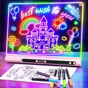 lot 13756 image: 16 Rechargeable LED Drawing Board, 9-Color Light Modes with Timer & Built-in Stand, Neon Art Dry Erase Glow Up Doodle Note Pad, Sketching Gift Toy for KidsGirlsTeens, 6 Markers & Tracing Book