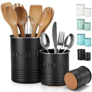 lot 13769 image: FoldTier 2 Pack Kitchen Utensil Holder for Counter 6.74.7 Farmhouse Cooking Utensil Crock with Cork Bottom Modern Farmhouse Decors Countertop Storage Organizer Caddy Housewarming Gift(Black)
