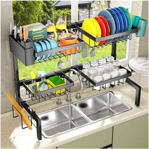 lot 13787 image: YKLSLH 4 Baskets Over The Sink Dish Drying Rack, Extendable Large Capacity Sink Rack, Metal Drying Rack Saving Space,for Most Sinks (26.57-35)