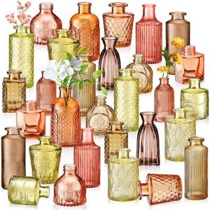 lot 13788 image: Yaomiao 30 Pcs Vases Bulk Colored Flower Glass Bud Vases Valentine Vintage Colored Glass Bottles Colorful Rustic Embossed for Home Wedding Table Decorations Gifts(Orange Yellow Series)