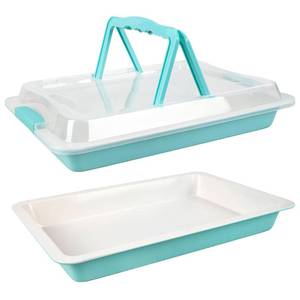 lot 13802 image: Sheet Cake Pan with Lid Set of 2, 15�10�2 Deep Jelly Roll Pan, Non-Stick Ceramic Coating Baking Pan, Oven Safe 450°F, PFOA Free, Teal �� Bake, Snap & Carry for Parties & Potlucks