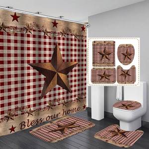 lot 13804 image: Camille&Andrew 4PCSSet Vintage Brown Western Texas Star Shower Curtain, Primitive Berry Star Red Beige Plaid Rustic Wooden Board Country Bathroom Decor, Non-slip Bath Rugs Toilet Mats, Bless Our Home