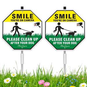 lot 14376 image: Qimshemi Clean Up After Your Dog Signs, 10 x 10 Aluminum Reflective Please Pick Up After Your Dog Sign with 28 Stake, UV Printed & Weatherproof No Pooping Signs for Yard, Lawn, Garden (Yellow, 2 PACK)