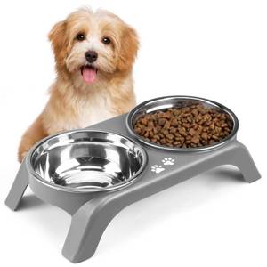lot 14378 image: Elevated Dog Bowls for Small Dogs, 3 High Raised Dog Bowl Stand with Dual 5 Stainless Steel Bowls Non-Slip Pet Feeder for Puppy and Cats, Dishwasher Safe, Grey