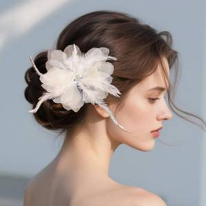 lot 14391 image: Yheahin Vintage Women Feather Flower Hair Clip Barrettes 1920s Victoria Large Tulle Floral Headpiece with Crystal for Bridal Wedding Hawaii Beach Dance Tea Party (Off-white)