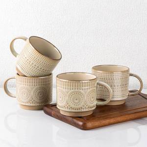 lot 14395 image: GBhome 12OZ Stackable Coffee Mugs, Ceramic Coffee Mugs with Texture Patterns for Man,Woman,Dad,Mom, Modern Coffee Mugs Set of 4 for LatteCappuccinoCocoa. Dishwasher&Microwave Safe