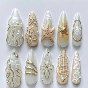 lot 14406 image: 30Pcs Summer Beach Press on Nails Medium Almond Flower Fake Nails 3D Jellyfish Starfish Sun Rhinestones Designs Full Cover Glitter Stick on Nails Gold False Nails for Women Girls Acrylic Nail Salon