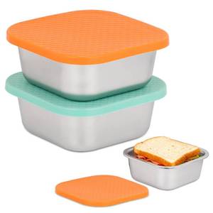 lot 14431 image: 2 Pack Sandwich Containers 30oz Stainless Steel Lunch Box with Silicone Lids, Meal Prep Container Reusable Metal Sandwiches Food Storage for Kitchen & Office Salad Snacks Fruits (OrangeBlue)