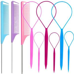 lot 14444 image: 9pcs Topsy Hair Tail Tools & rat tail combs set, 6pcs Ponytail Pull Through Tool 3pcs Long Steel Pin Combs, Turvy Loop Styling Tool for Woman & Girl Hair Styling (Pink,Purple, Blue) Linmxiy