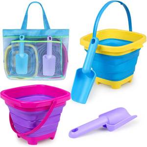 lot 14459 image: Collapsible Beach Buckets for Kids, 2 Packs Foldable Sand Buckets and Shovels with Mesh Beach Bag, Silicone Sand Pails for Toddlers Beach Toys, Easter Egg Hunt, Camping, Travelling, Fishing Water Pail