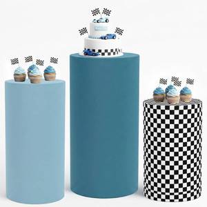 lot 14461 image: Diartpaint Racing Car Party Decoration Cylinder Pedestal Stand Covers Set Of 3 Blue Brown Spandex Pillar Pedestal Cover for Dessert Table Display Pillar Cover for Fast One Birthday Baby Shower Wedding