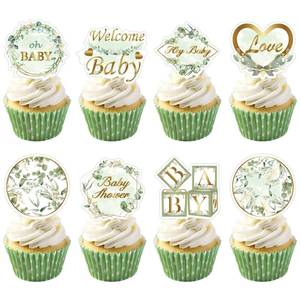 lot 14482 image: Weecent 48 Pcs Greenery Baby Shower Cupcake Toppers Oh Baby Party Decorations Sage Green Party Cake Toppers Boy Girl Birthday Green Leaf Cake Decorations