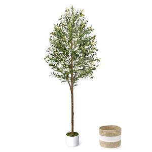 lot 19502 image: LuceAlberi 6FT Artificial Olive Tree - Indoor Tall Faux Olive Trees with Planter&Basket, Large Fake Olive Silk Tree Realistic Olive Plants with Branches and Fruits for Home Decor Office Living Room