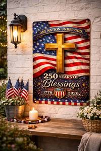 lot 6401 image: America 250th Anniversary Tin Sign, 4th of July Patriotic Decor,250 Years of Blessings Vintage Metal Sign Patriotic Cross Design, 1776��2026 Commemorative Wall Decoration for Home, Bedroom, Patio, Yard, 8 x 12 Inch