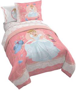 lot 19524 image: Jay Franco Kids Comforter Set Includes Sheets and Pillow Covers - Soft and Cozy Bed Set for Stylish Room Decor, Pink - Princess Cinderella, 5 Piece Twin Size Bedding