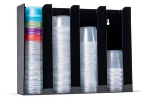 lot 19526 image: Inevibe Portion Cup and Lid Holder - 4 Compartment Acrylic Organizer for Condiment & Sauce Cups, Fits Cups 2 oz to 5.5 oz in Size, Use Dispenser on Countertop or Wall Mount