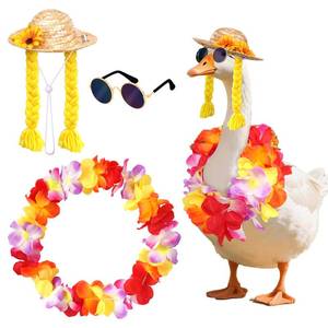 lot 20409 image: Yymobt 3Pcs Summer Porch Goose Outfits for Plastic Goose Decor Hawaiian Lawn Goose Statue Clothes Costume with Straw Hat Glasses Wig for Luau Party Outdoor Garden Yard Decor