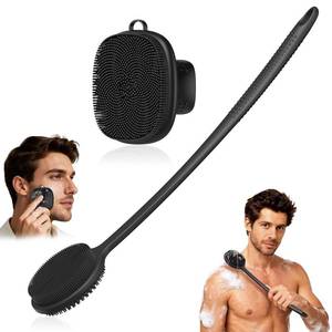 lot 20417 image: Back Scrubber for Shower & Face Scrubber, 2Pcs Silicone Exfoliating Brush Set with 17In Long Handle, Soft Body & Facial Cleansing Scrubber for Men Women