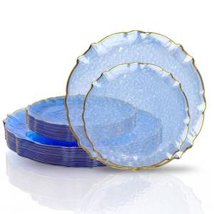lot 20436 image: bUCLA 40PCS Clear Blue Plastic Plates - Fancy Lace-Edged Blue Gold Plates Disposable for 20 Guests - Hammered Crystal Design Include 20 Each (Dinner & Dessert), Ideal for Party, Wedding and Hanukkah