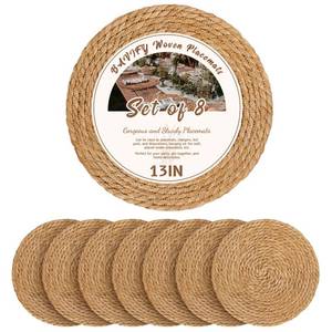 lot 20440 image: 13 in Round Woven Boho Placemats Set of 8, Wicker Rattan Place Mats Chargers for Dinner Plates, Farmhouse Rustic Table Mats for Dining Table Decor