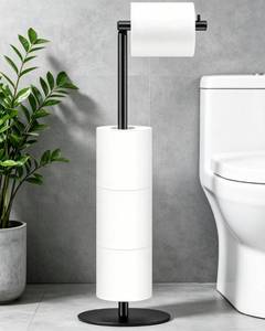 lot 20379 image: Toilet Paper Holder Stand, Bathroom Toilet Paper Stand with Shelf, Free Standing Toilet Paper Roll Storage Holder for 4 Rolls, Black, Naturous