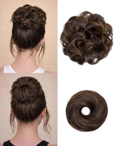 lot 20445 image: HSLHDI 2PCS Messy Bun Hair Piece-Large Wavy Curly & Donut Updo Hair Pieces Set, Scrunchies Synthetic Chignon Ponytail Extensions Thick Updo for Women(Dark Brown Mixed Light Brown)
