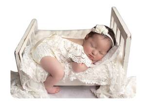 lot 10243 image: Vollmic Newborn Photography Props Baby Girl Lace Romper Newborn Baby Photo Props Outfits 0-1 Month (Off White)