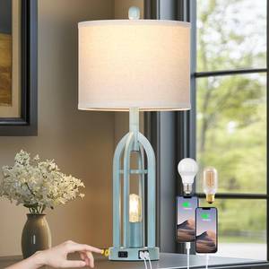 lot 1964 image: Cinyirong 27in Industrial Farmhouse Table Lamp,Vintage Rustic Blue Beside Lamp with USB AC Charging Ports and AC Outlet, Metal Nightstand Lamp with LED Night Light for Bedrooms (2 LED Bulbs Included)