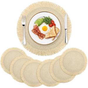 lot 1970 image: Teecyhooo 6 Set 15 Inch Round Boho Placemats Natural Cotton Braided Farmhouse Round Placemats Vintage Woven Table Place Mats for Home Kitchen Wedding Housewarming Decor(Beige)
