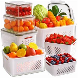 lot 1977 image: 6 PCS Fruit Storage Containers for Fridge with Removable Colanders, 6 Plastic Food Storage Containers with 6 Lids, Leakproof Produce Containers Keep Fruits, Vegetables, Berry, Meat Fresh Longer