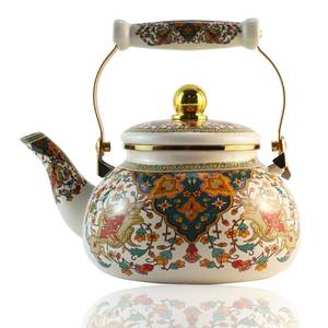 lot 1995 image: Leebright Floral Enamel Tea Kettle Vintage Gold Beige Teapot Colorful Boho Hot Water Coffee Kettle Pot 2.5L Porcelain Tea Pot with Ceramic Handle for Stovetop Hot Water Kitchen Decor