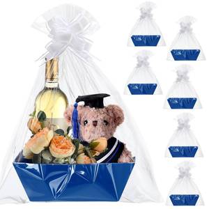 lot 1998 image: Qinyoung 22 Pcs Empty Gift Basket Set Includes 6 Empty Baskets 6 Clear Gift Bags and 10 Pull Bows for Graduation Birthday Party(Blue)