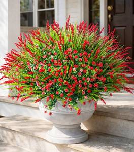 lot 2041 image: HyeFlora 20 Bundles Artificial Fake Outdoor Plants Flowers for Spring Decoration, UV Resistant Realistic Red Plastic Flowers Faux Plant Monkey Grass for Planter Home Garden Porch Patio Window Box
