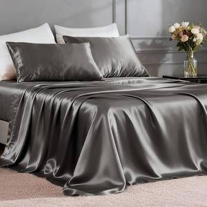 lot 2063 image: FreshCulture Satin Sheets Queen Size Bed Set- 4 Piece Luxury Soft Silky Queen Sheet Set, Similar to Silk Bed Sheets with 1 Deep Pocket Fitted Sheet, 1 Flat Sheet and 2 Pillowcases (Gunmetal)