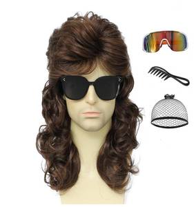 lot 2078 image: Traqur 70s80s Brown Mullet Wig, Unisex Retro Curly Mullet Wig for Halloween, Cosplay, 80s Themed Parties Costumes (Medium Brown)