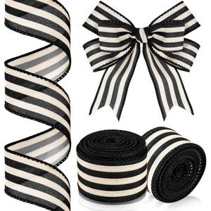 lot 2085 image: Moukeren 2 Rolls Black and Cream White Stripe Wired Edge Ribbon Halloween Rustic Ivory Boho Black and White Ribbon for Christmas Party Gift Wrapping Bow DIY Craft Home Decor(1.5 Inch, 20 Yard)