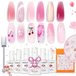 lot 4035 image: modelones Pink Gel Polish Set, Hema Free Light Pink Cat Eye Gel Polish Jelly Glitter Nude Hot Pink Pastel Nail Polish 6 Colors 2026 Spring Easter LED Nail Art DIY Gift with MagnetandLove-heart Stickers