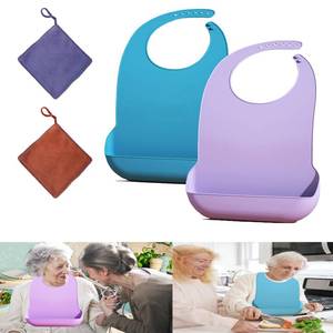 lot 4041 image: HADEWEITE 2 pieces adult bib Large silicone adult bibs with crumb catcher, adjustable waterproof clothes protector, Bibs for Elderly Women and Men, Senior Citizen Feeding Bibs - Unisex(blue, purple)